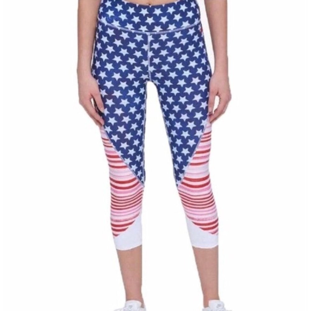 Tommy Hilfiger Sport USA Flag Stars Stripes Capri Athletic Leggings Medium EUC